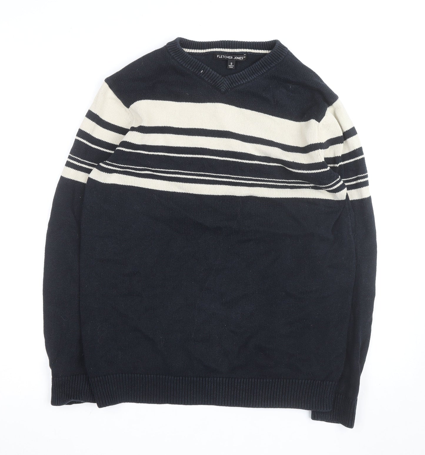 Fletcher Jones Men's Blue Striped Cotton V-Neck Jumper Size S