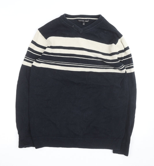 Fletcher Jones Men's Blue Striped Cotton V-Neck Jumper Size S
