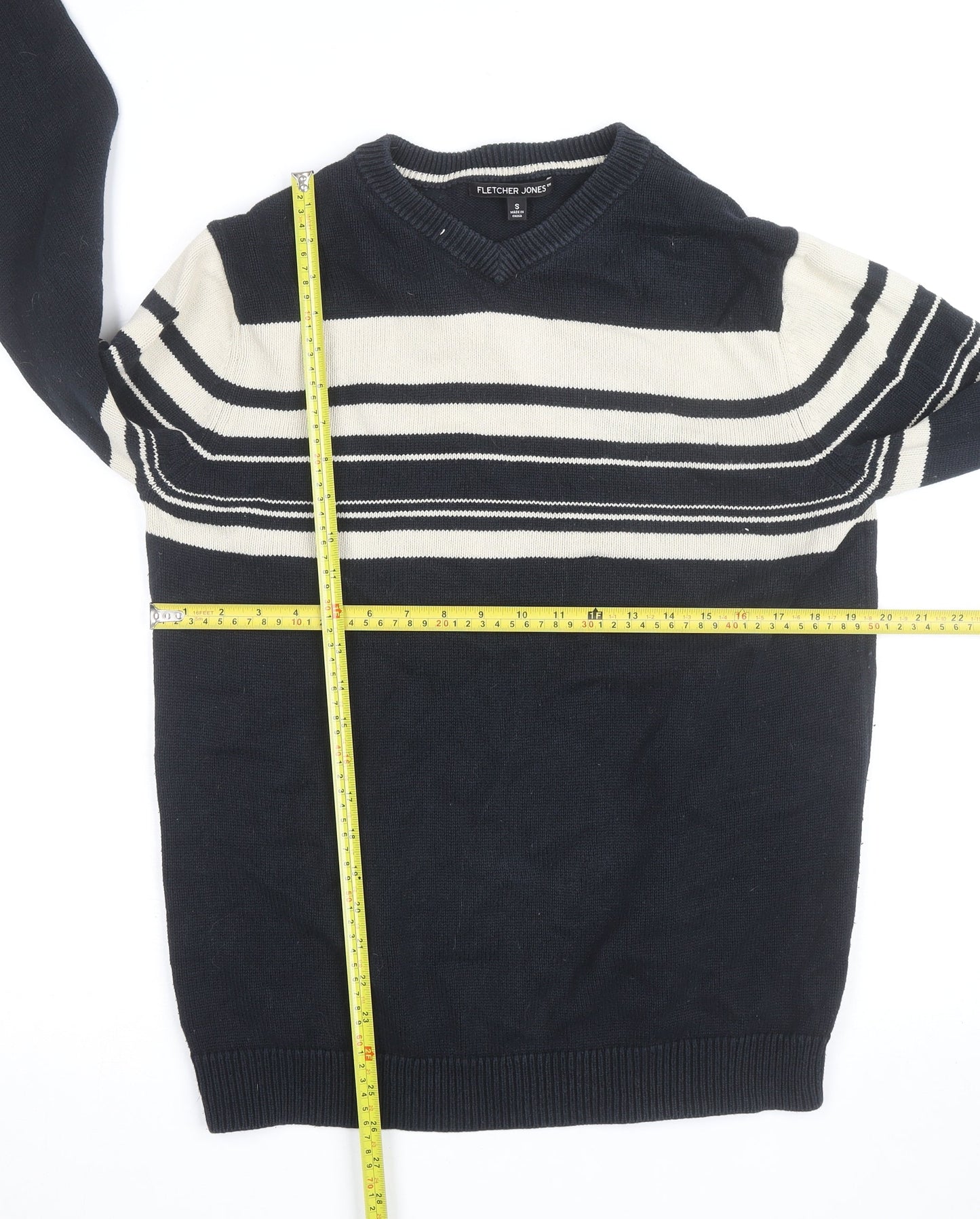 Fletcher Jones Men's Blue Striped Cotton V-Neck Jumper Size S