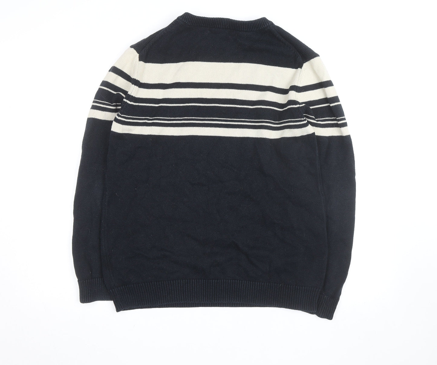 Fletcher Jones Men's Blue Striped Cotton V-Neck Jumper Size S