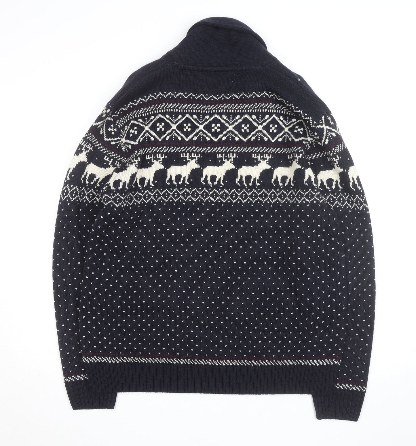 Next Men's Blue Fair Isle Reindeer Shawl Collar Jumper Size M