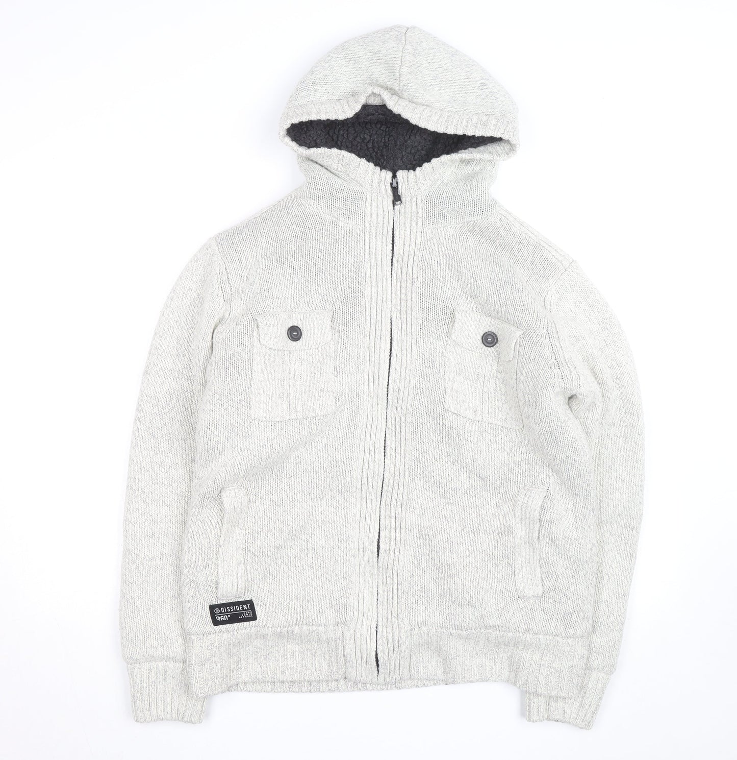 Dissident Mens Grey Hooded Full Zip Knit Jumper L