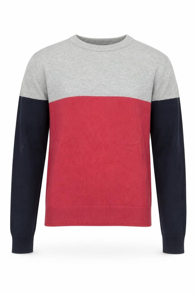 Bench Men's Grey Red Blue Colour Block Cotton Pullover Jumper XS