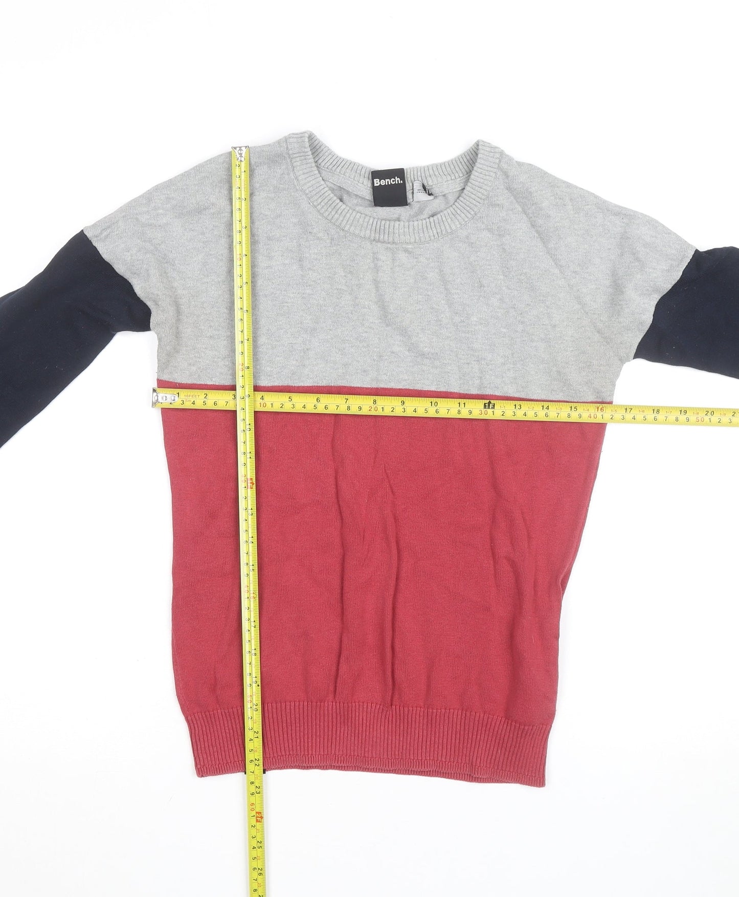 Bench Men's Grey Red Blue Colour Block Cotton Pullover Jumper XS