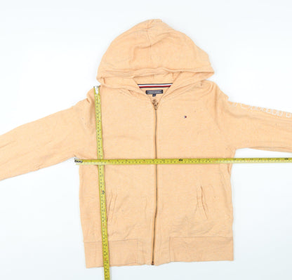 Back view of Tommy Hilfiger boys’ beige full zip hoodie 164 cotton blend casual sweatshirt