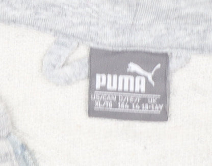 Brand and care label for Puma boys’ grey full zip hoodie, size 14-15, years cotton blend
