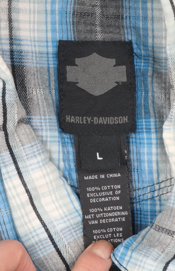 Harley-Davidson Men's Blue Plaid Cotton Short Sleeve Button-Up Shirt L