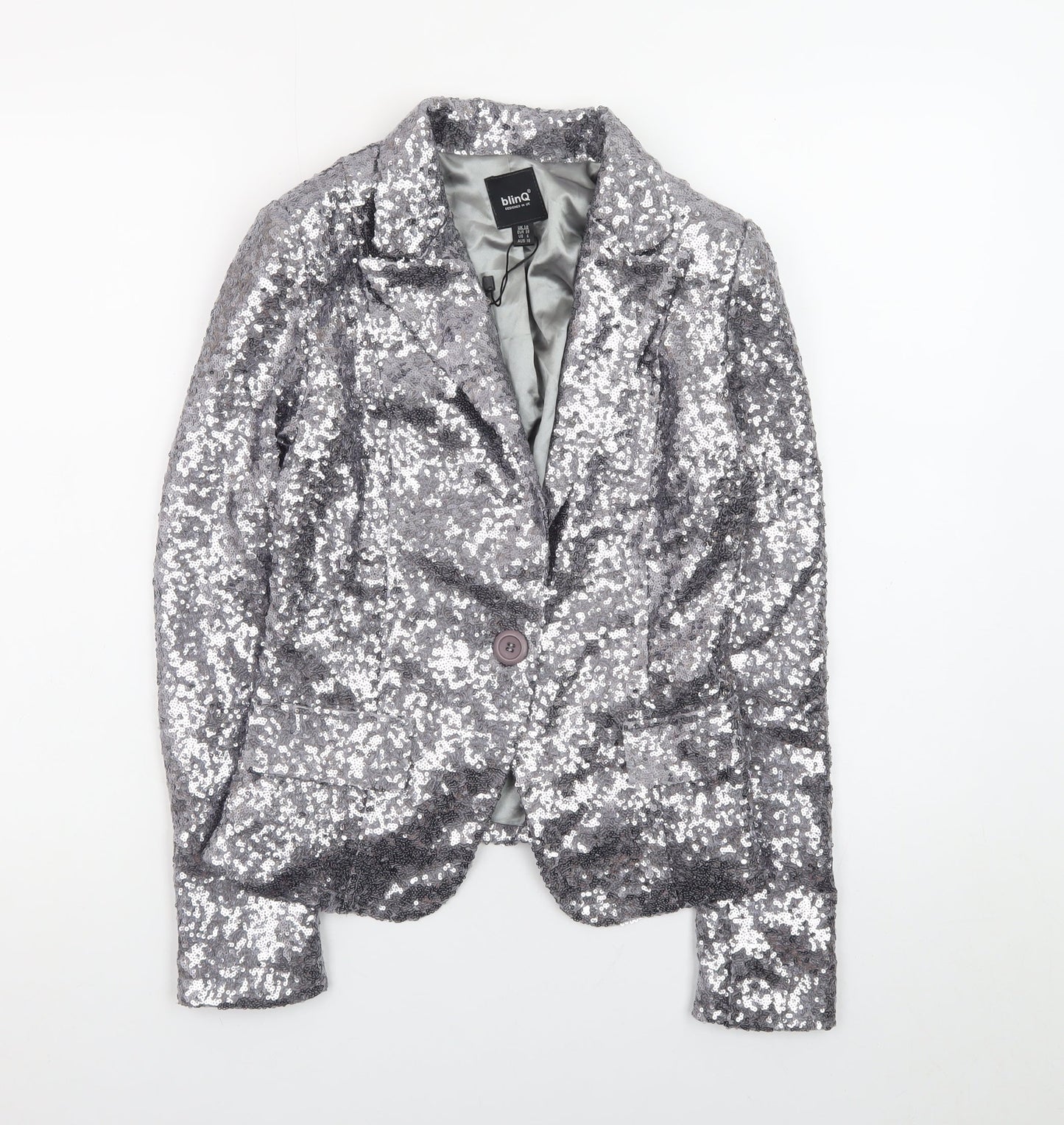 BlinQ Women’s Silver Sequin Single-Breasted Blazer UK 10 Party Jacket