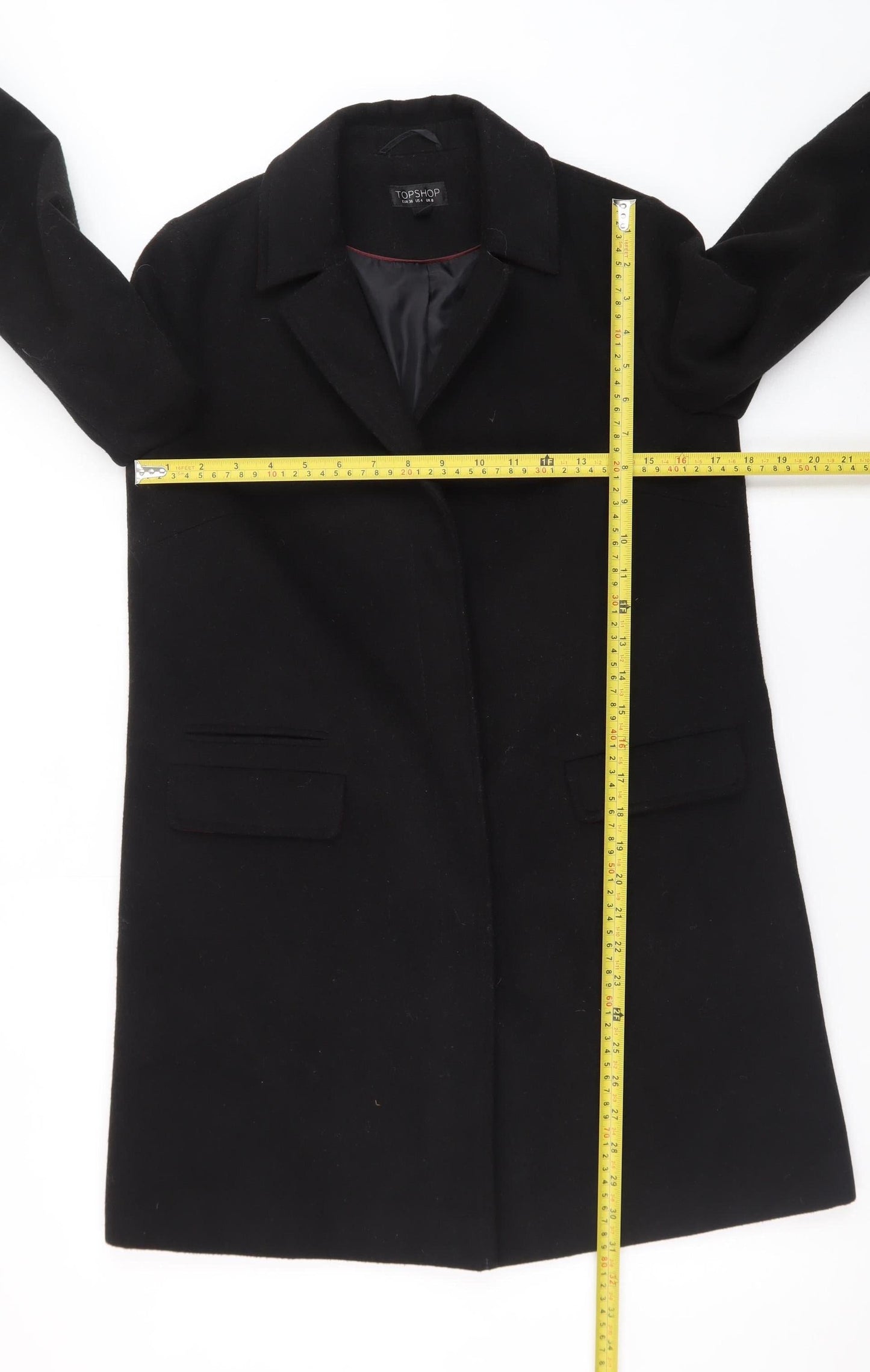 Topshop Women's Black Wool Blend Mid-Length Overcoat UK 8