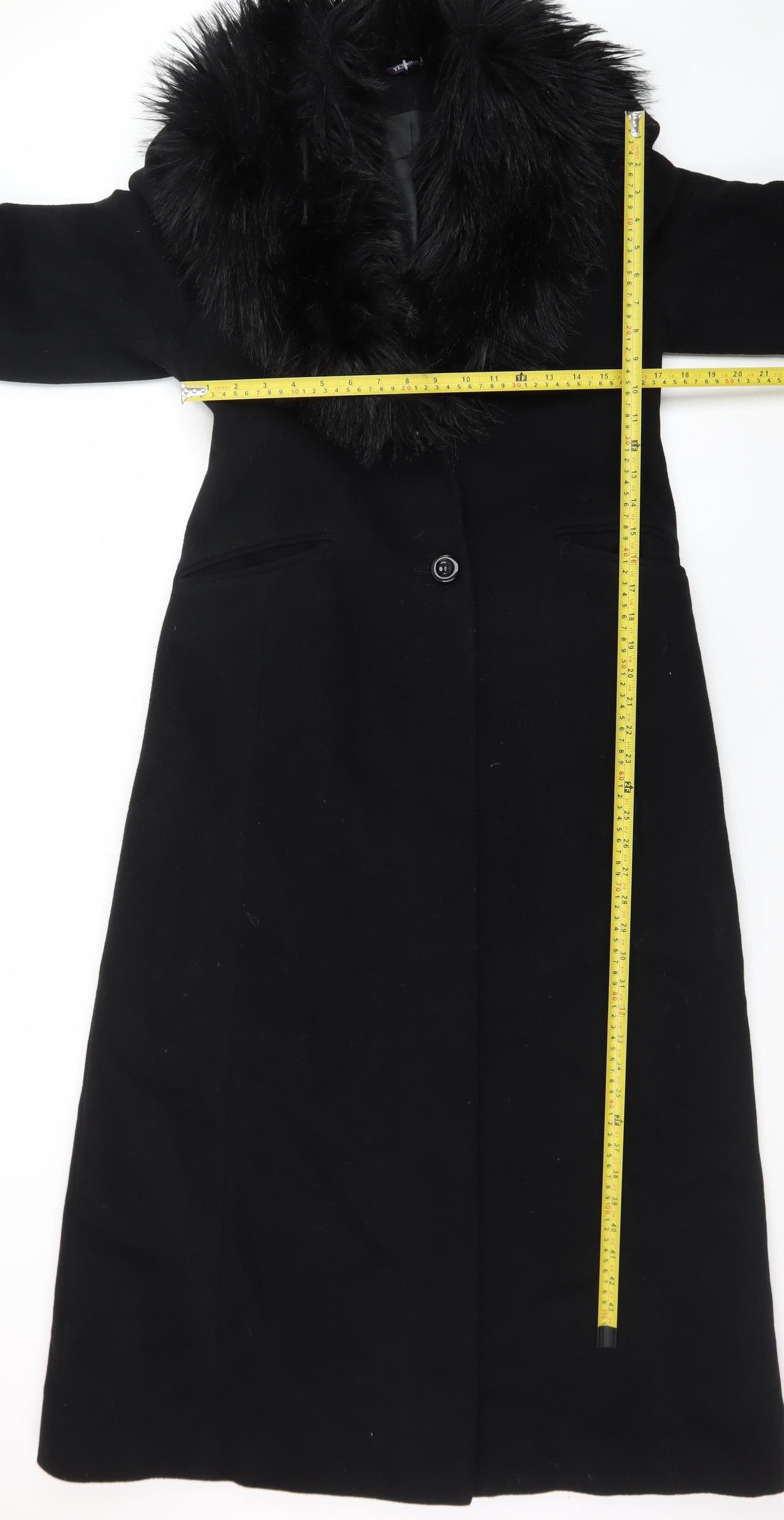 Yessica Womens Black Wool Cashmere Long Overcoat with Faux Fur Collar Size 12