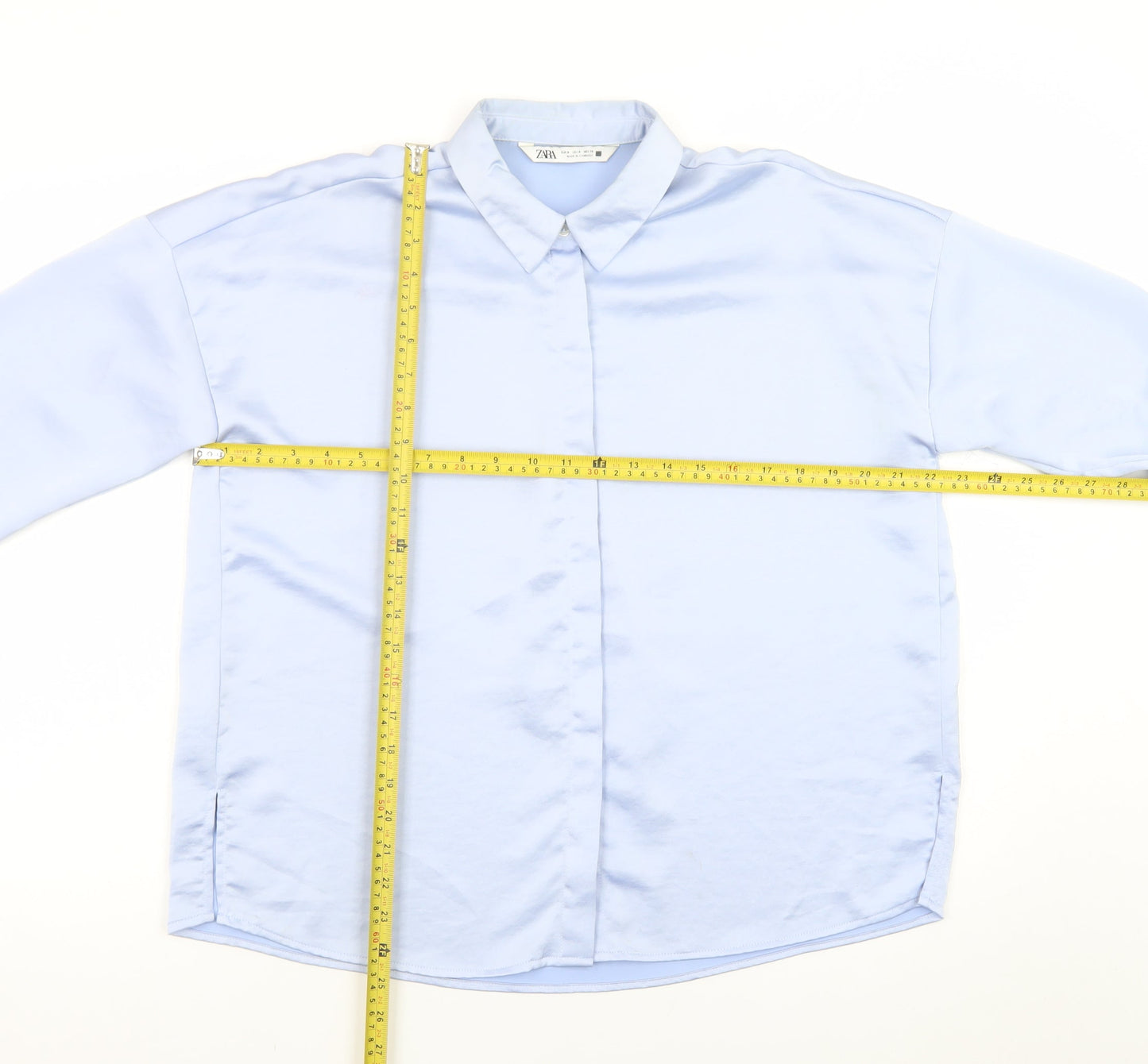 Zara Women Blue Satin Collared Long Sleeve Relaxed Button-Up Shirt Size S