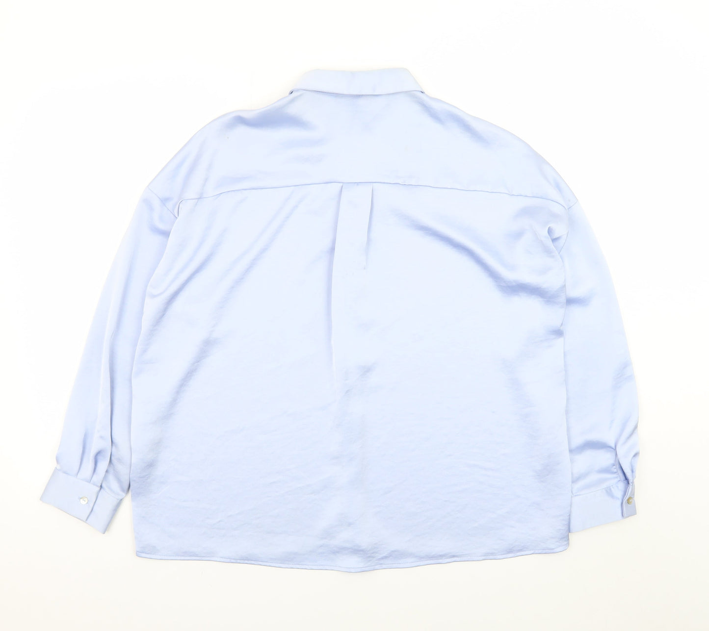 Zara Women Blue Satin Collared Long Sleeve Relaxed Button-Up Shirt Size S