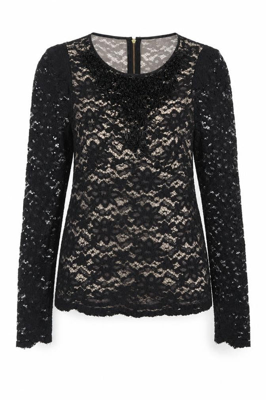 Bastyan Women Black Size 10 Lace Beaded Sheath Dress