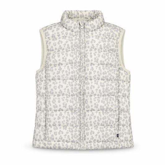 Front view of Gap Kids girls’ ivory animal print puffer gilet 2xl water resistant