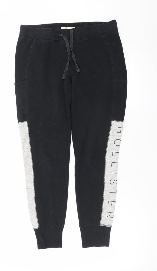 Hollister Mens Black Jogger Trousers M Elastic Waist Logo Fleece