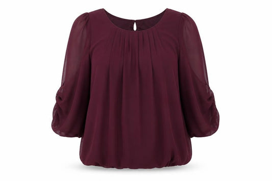 Front view of Dunnes Women’s Purple Chiffon 3/4 Sleeve Pleated Tunic Blouse, size UK 10