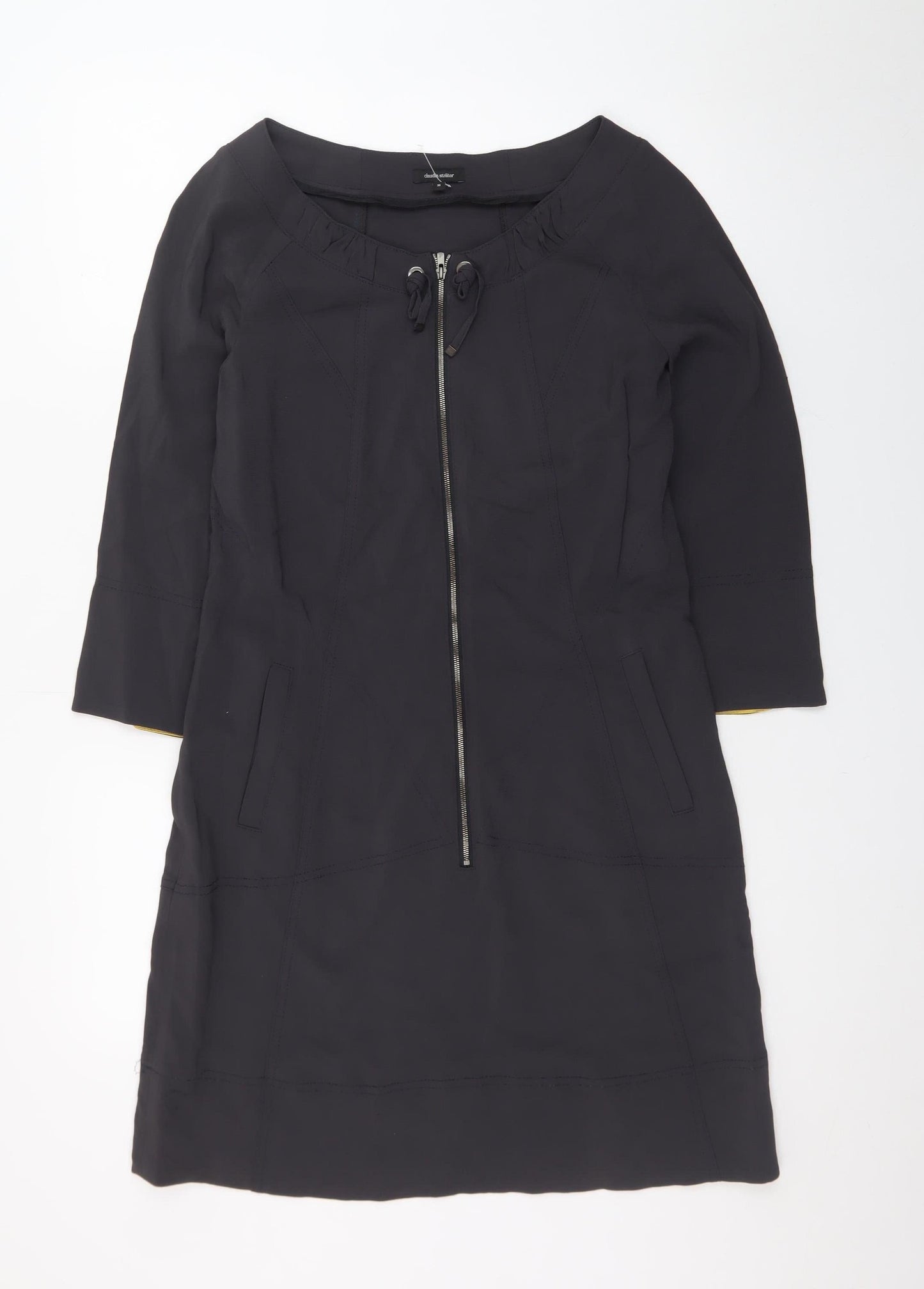 Claudia Sträter Women Black Viscose Shift Dress Size 8 3/4 Sleeve Zip Detail