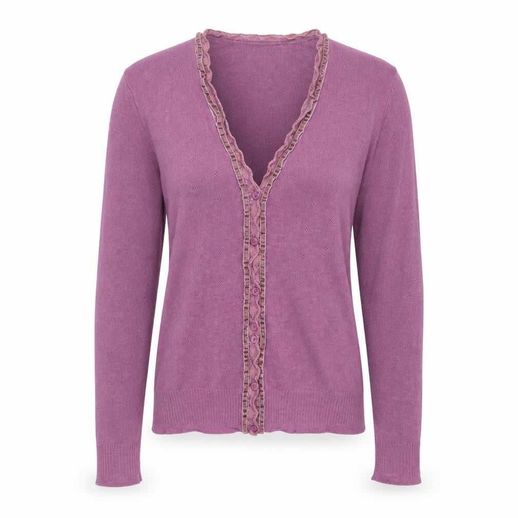 Jigsaw Women Purple Ruffle Trim V-Neck Cardigan Size L