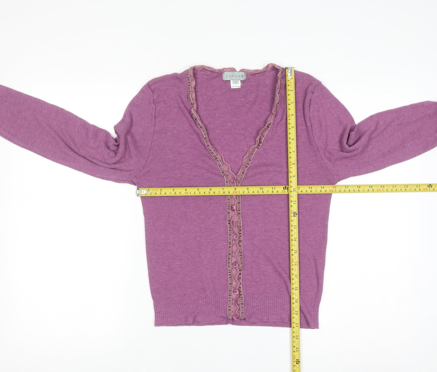 Jigsaw Women Purple Ruffle Trim V-Neck Cardigan Size L