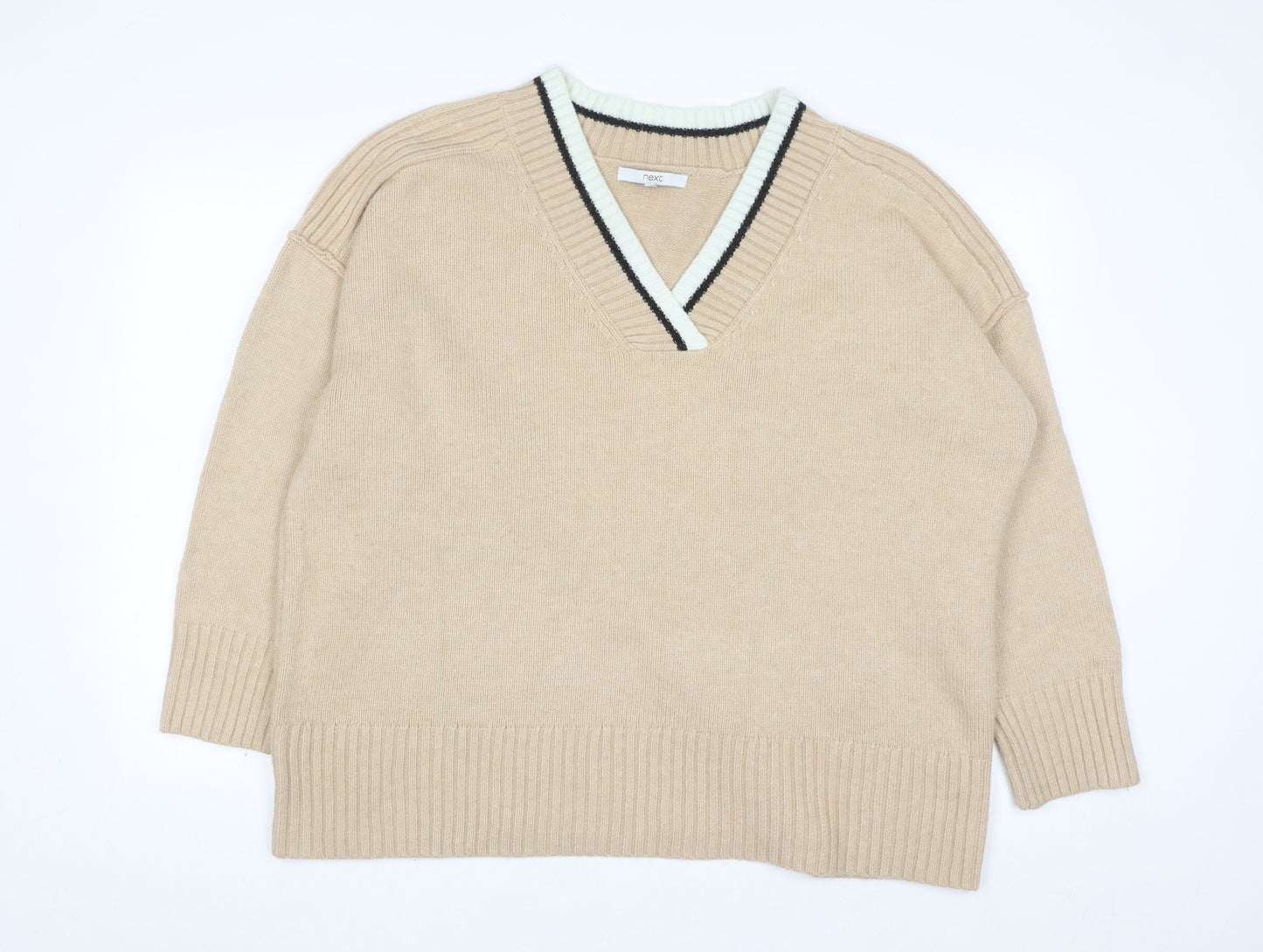 Next Men’s Beige V-Neck Knit Jumper XL Classic Casual Style