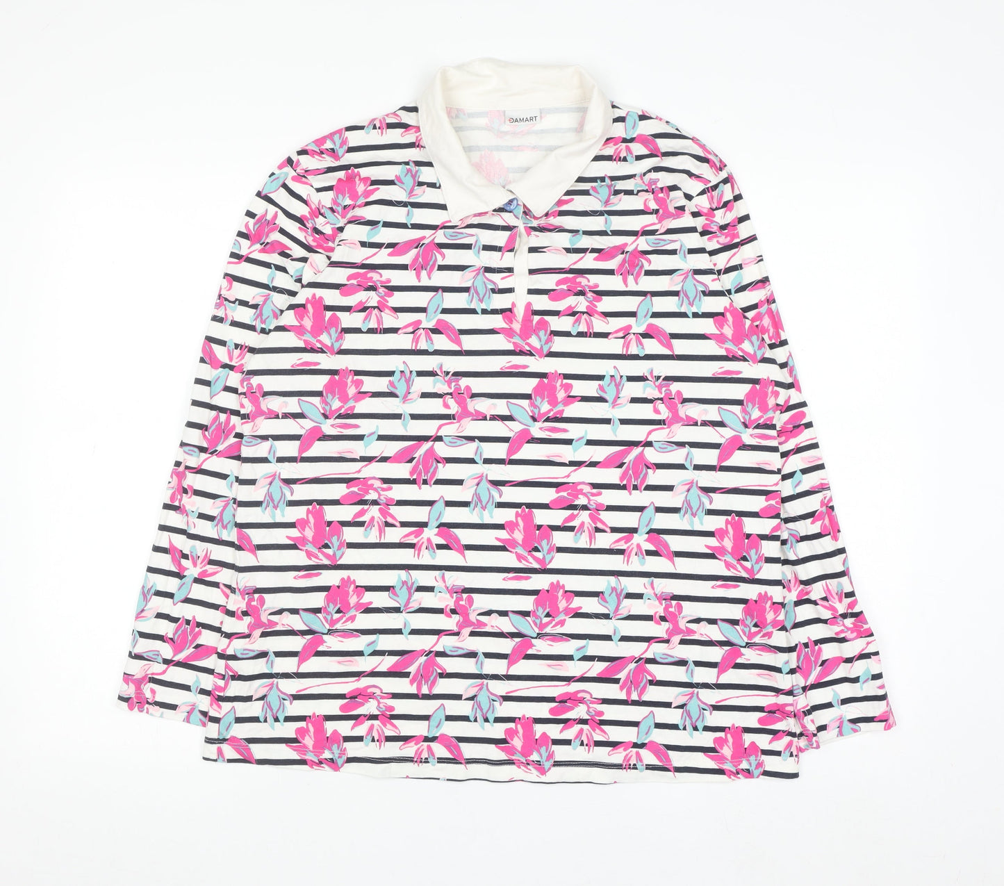 Damart Women’s Multicoloured Floral Stripe Cotton Long Sleeve Polo Top Size 18/20