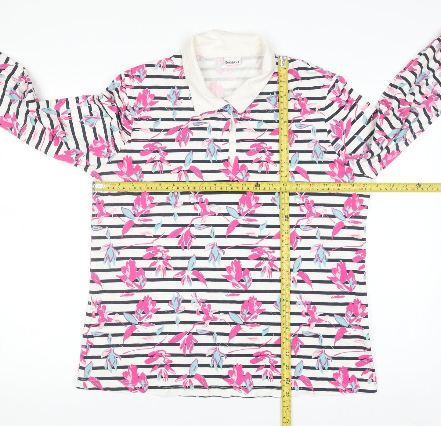 Damart Women’s Multicoloured Floral Stripe Cotton Long Sleeve Polo Top Size 18/20