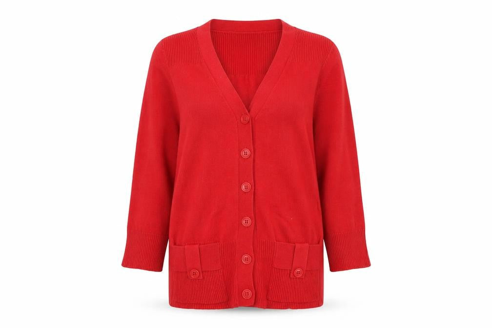 John Lewis Women Red V-Neck 3/4 Sleeve Cotton Knit Cardigan S