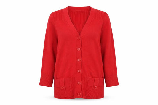John Lewis Women Red V-Neck 3/4 Sleeve Cotton Knit Cardigan S