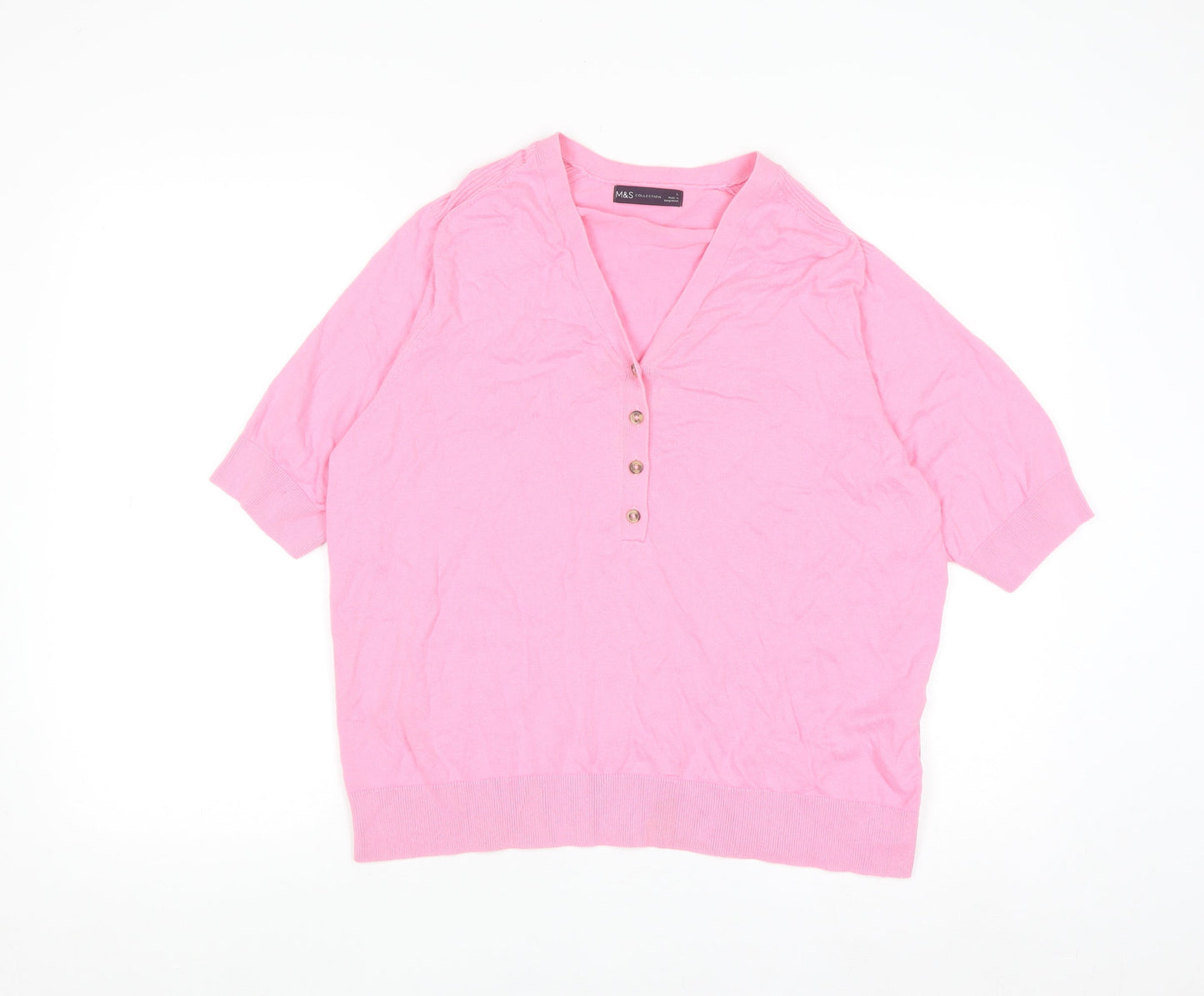 Marks and Spencer Women Pink Henley Short Sleeve Cotton Jumper L