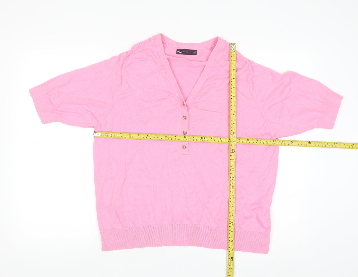 Marks and Spencer Women Pink Henley Short Sleeve Cotton Jumper L