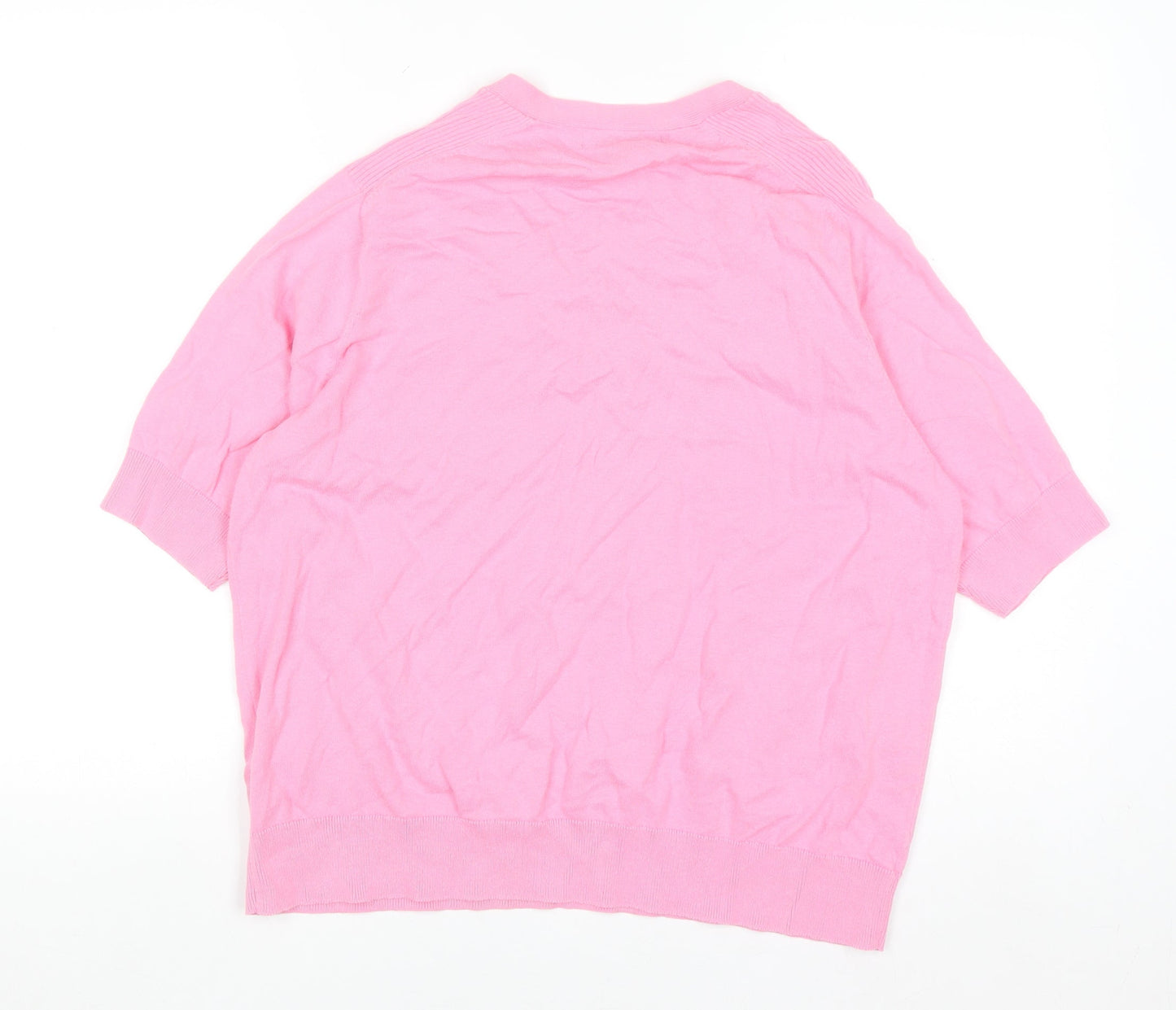 Marks and Spencer Women Pink Henley Short Sleeve Cotton Jumper L