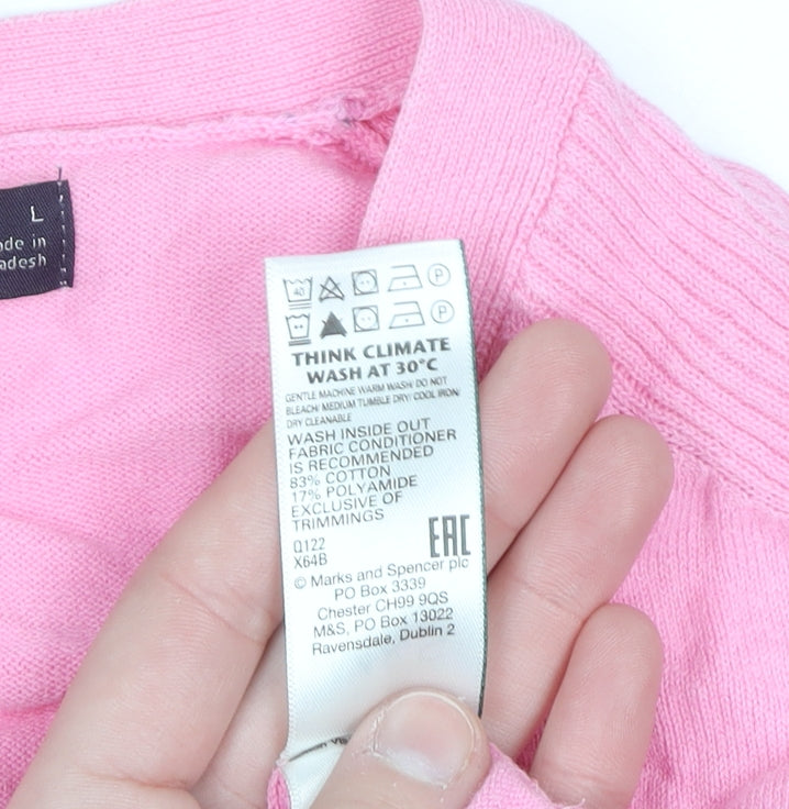 Marks and Spencer Women Pink Henley Short Sleeve Cotton Jumper L