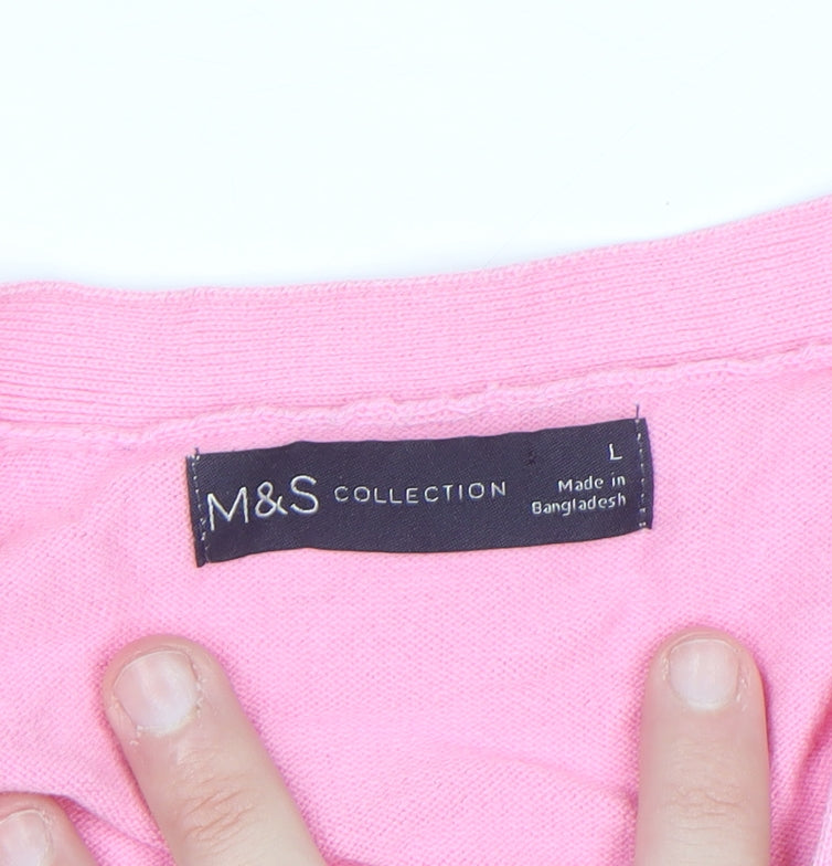 Marks and Spencer Women Pink Henley Short Sleeve Cotton Jumper L