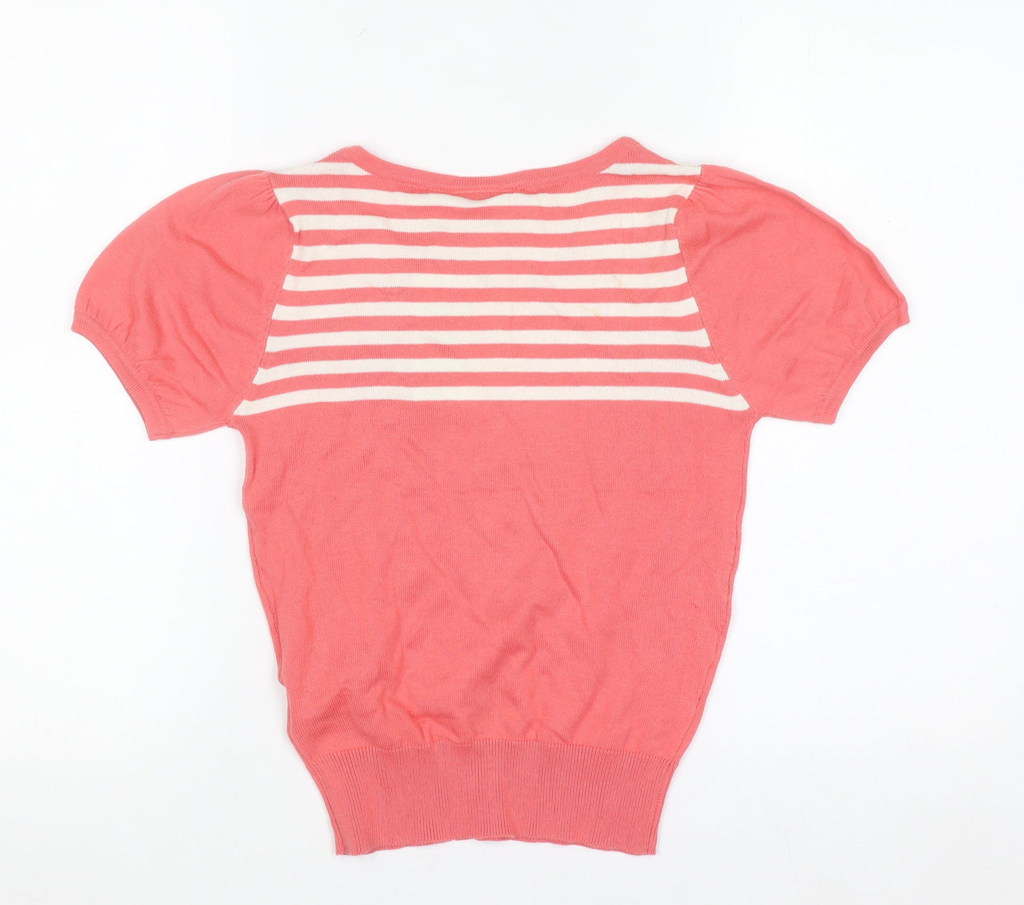 New Look Women Pink Striped Bow Short Sleeve Knit Jumper Size 10
