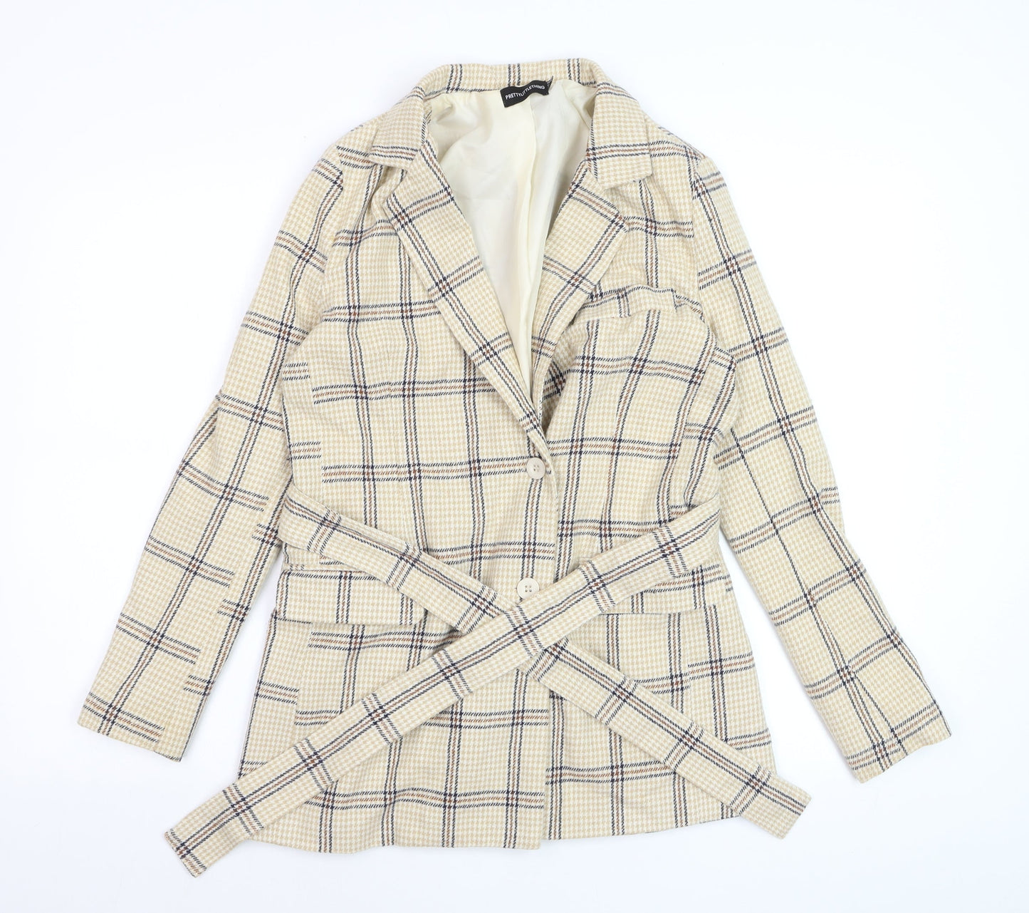 PrettyLittleThing Women Beige Check Belted Blazer UK 6