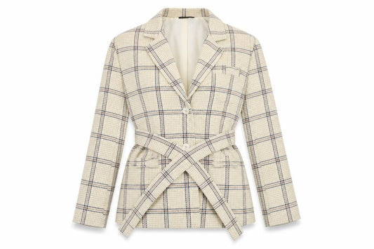 PrettyLittleThing Women Beige Check Belted Blazer UK 6