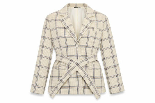 PRETTYLITTLETHING Women Beige Check Belted Blazer UK 6