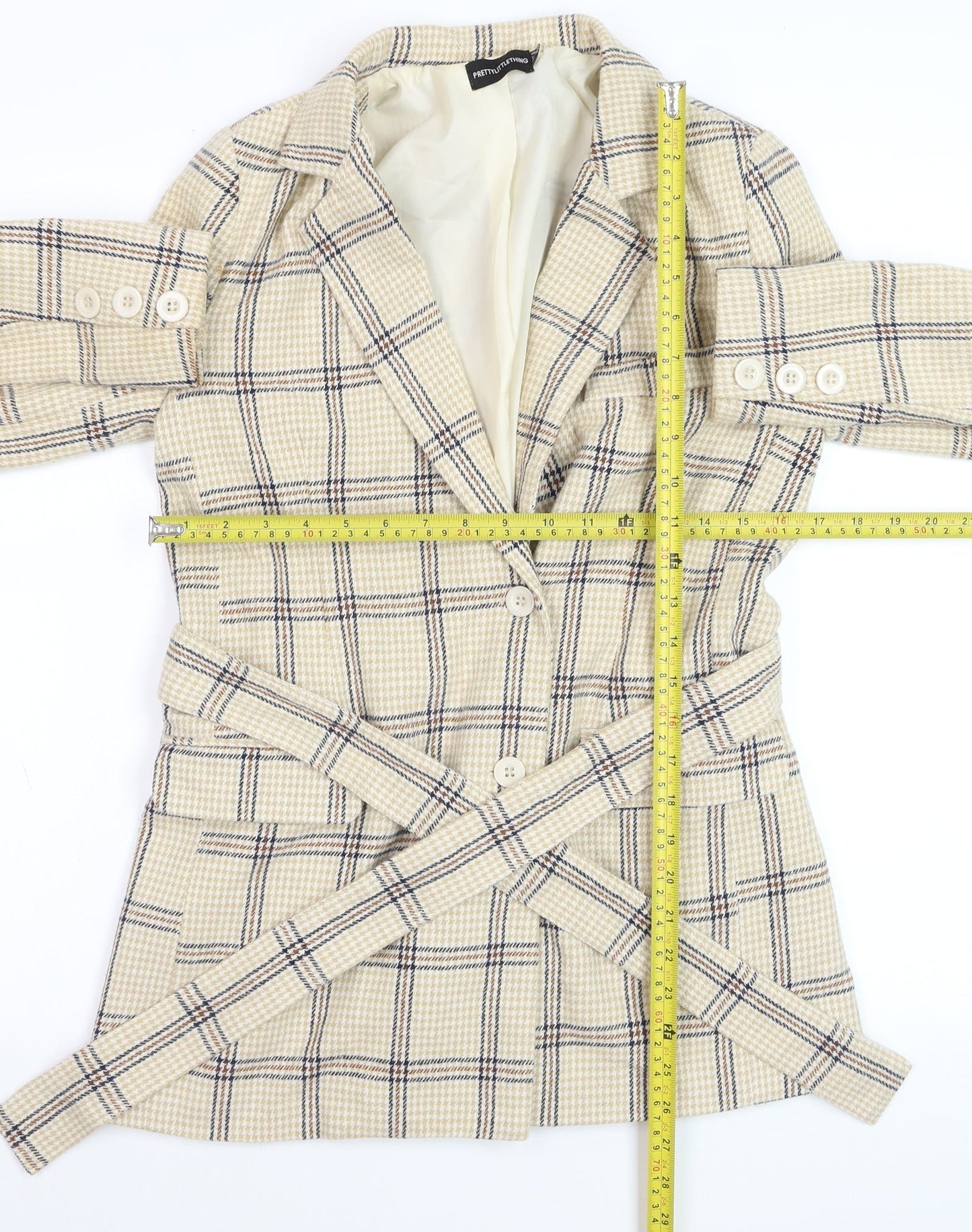 PrettyLittleThing Women Beige Check Belted Blazer UK 6