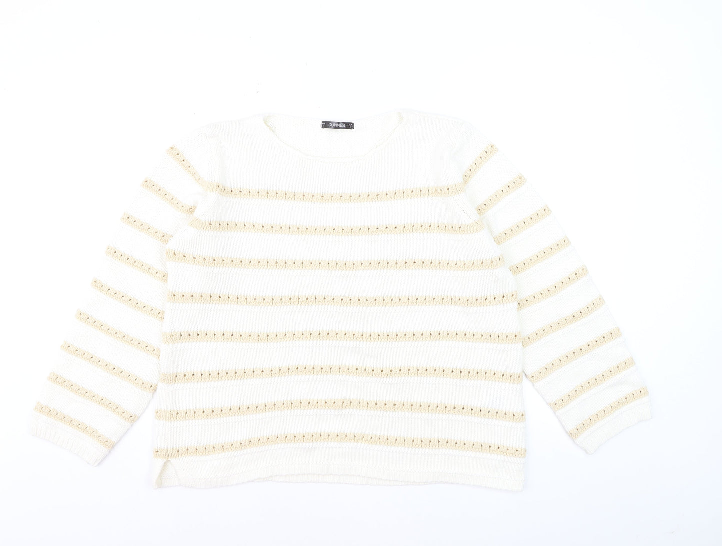 Dunnes Women Ivory Striped Cotton Knit Crew Neck Jumper Size L