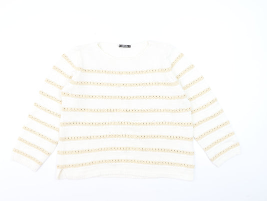 Dunnes Women Ivory Striped Cotton Knit Crew Neck Jumper Size L