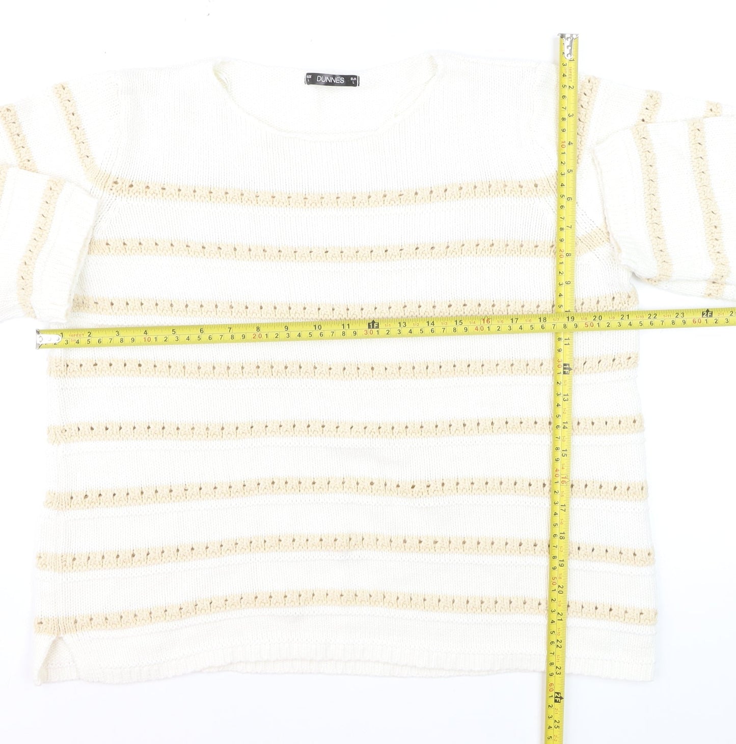 Dunnes Women Ivory Striped Cotton Knit Crew Neck Jumper Size L