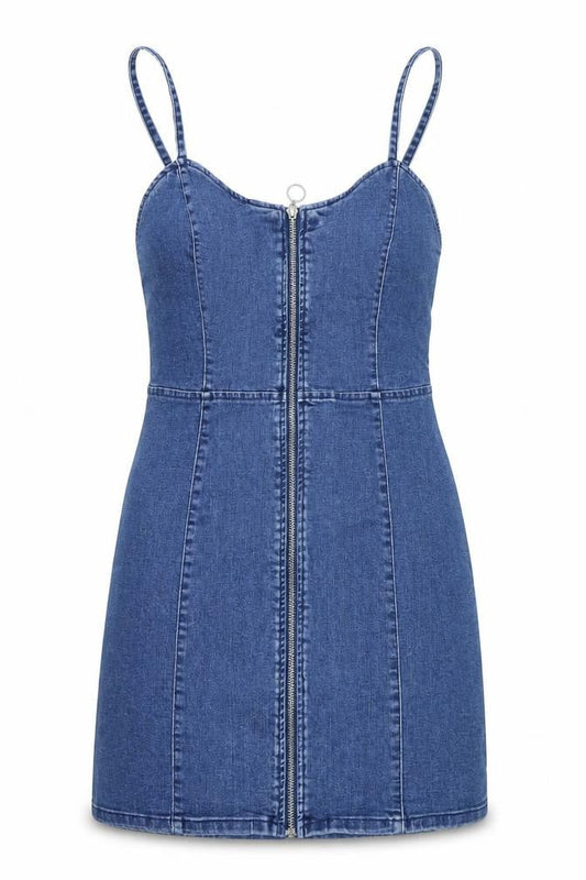 Front view of Denim Co Women Blue, size 8, Bodycon Denim Zip Front Dress