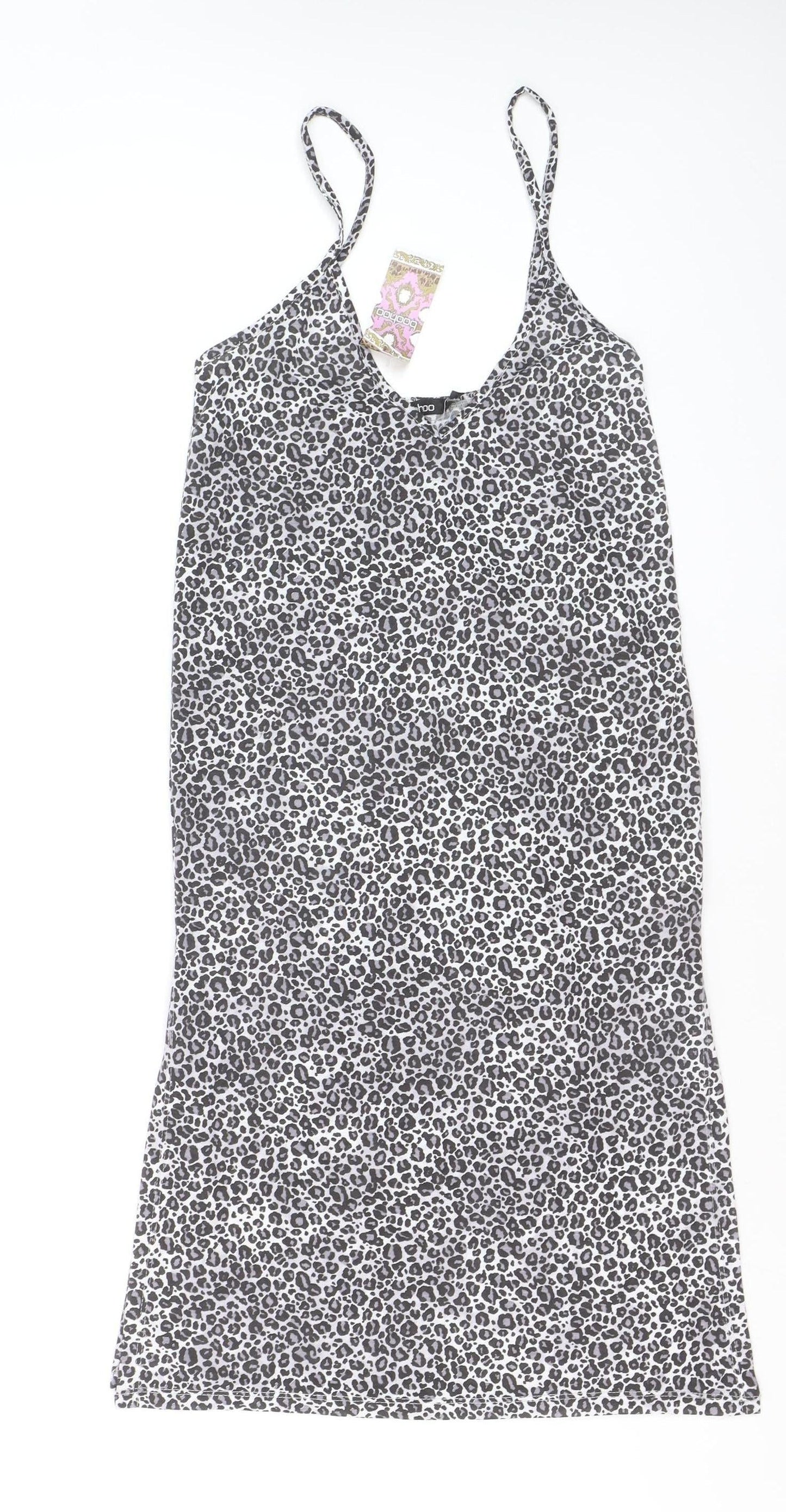 Boohoo Women Black Leopard Print Slip Dress Size 12