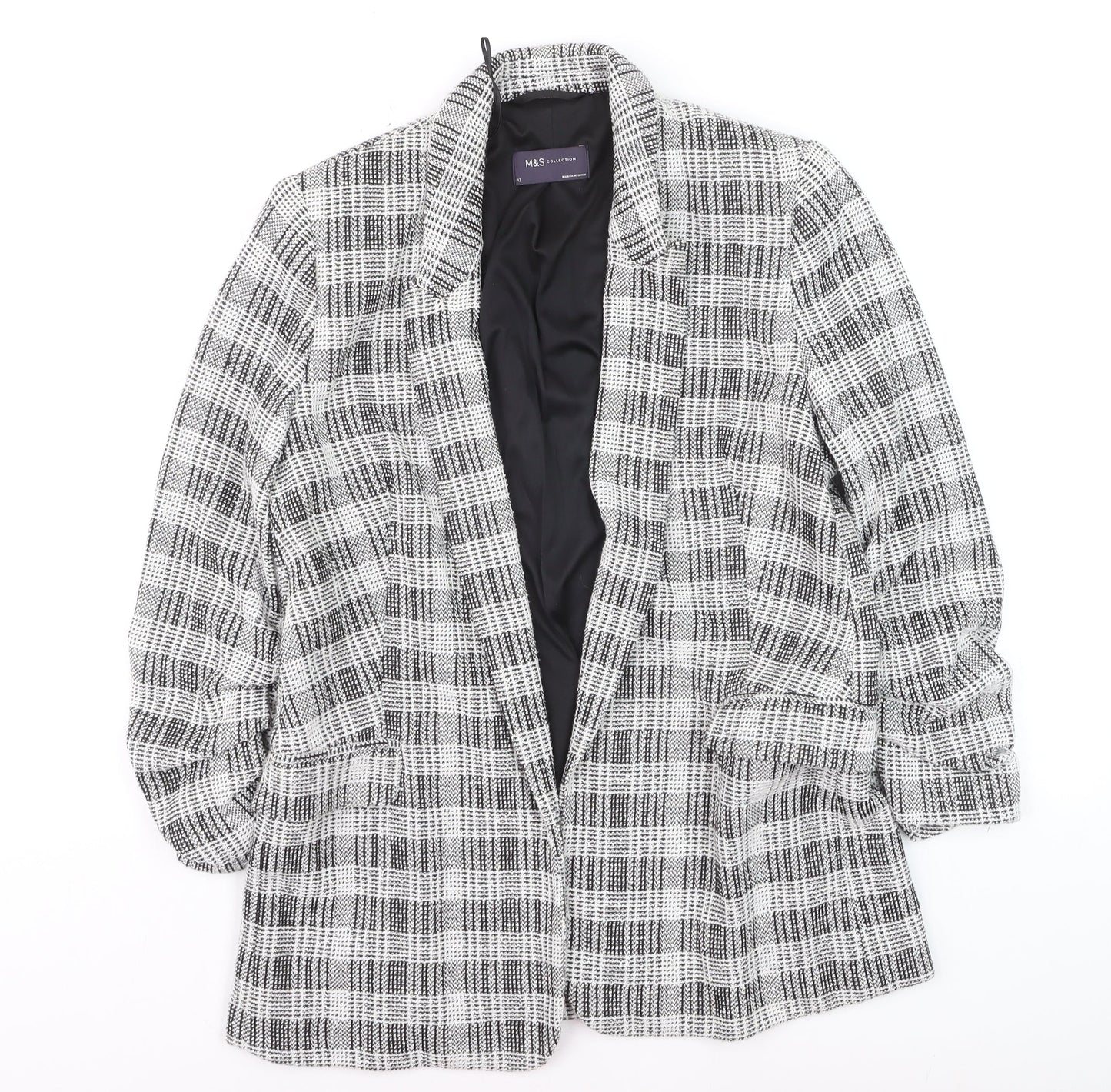 Marks and Spencer Women’s Grey Check Blazer Size 12 Lined Tweed Jacket