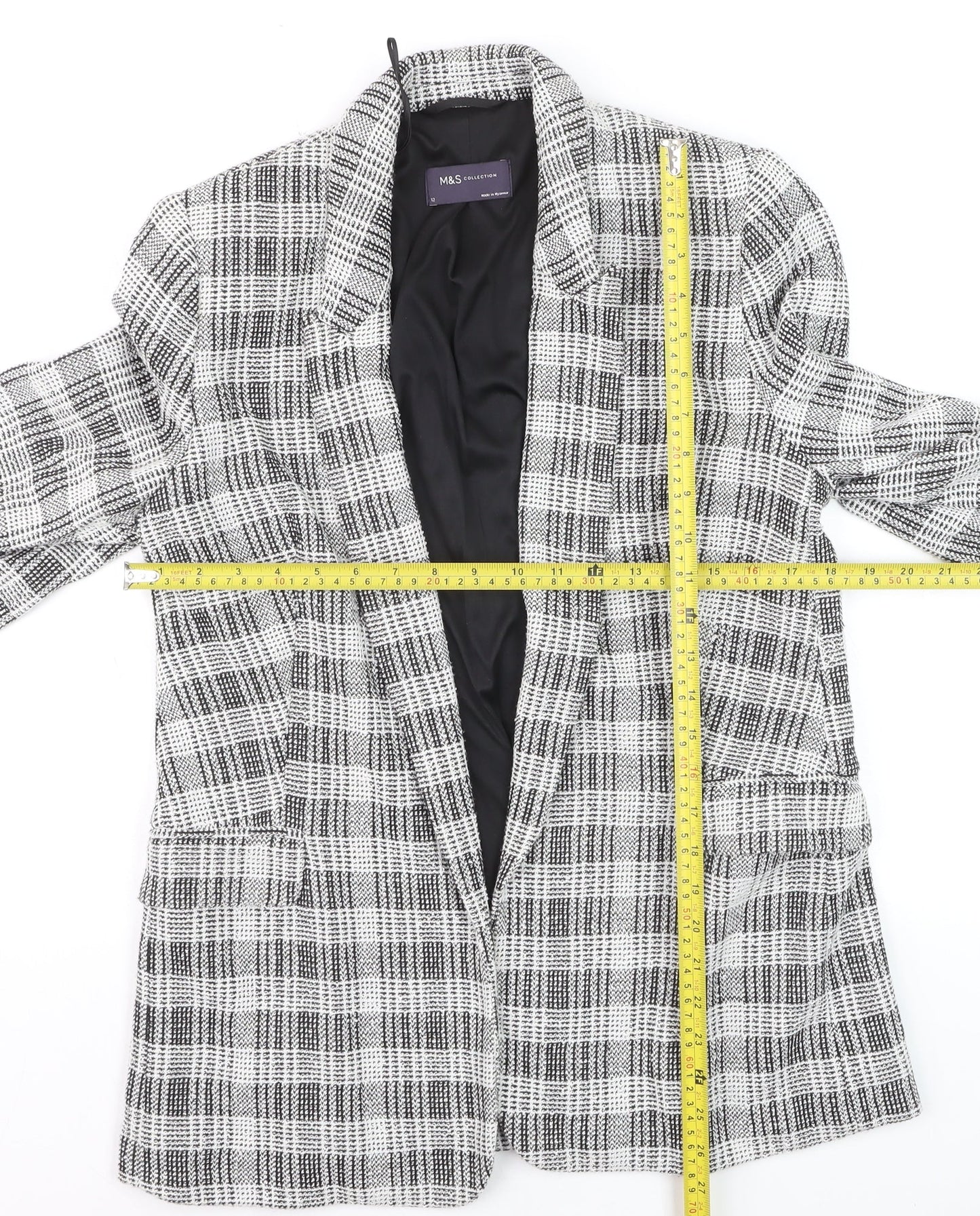 Marks and Spencer Women’s Grey Check Blazer Size 12 Lined Tweed Jacket