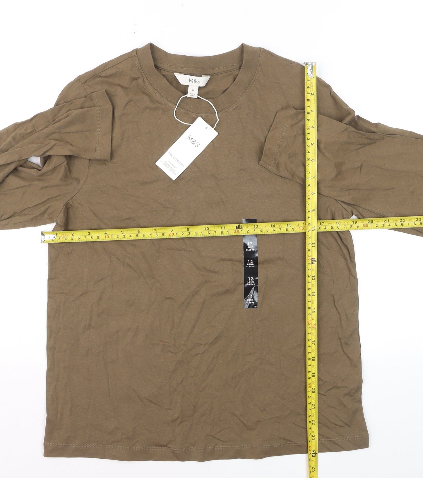 Marks and Spencer Women Brown Long Sleeve Cotton T-Shirt Size 12