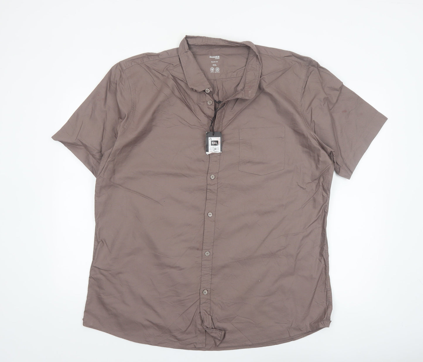 Dunnes Stores Men Brown Slim Fit Cotton Short Sleeve Button-Up Shirt 2XL