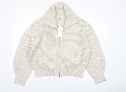 Marks and Spencer Women Beige Chunky Knit Full Zip High Neck Jumper M