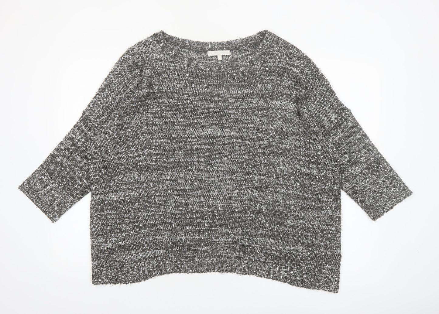 Next Women Grey Sequin Knit 3/4 Sleeve Crew Neck Pullover Jumper L
