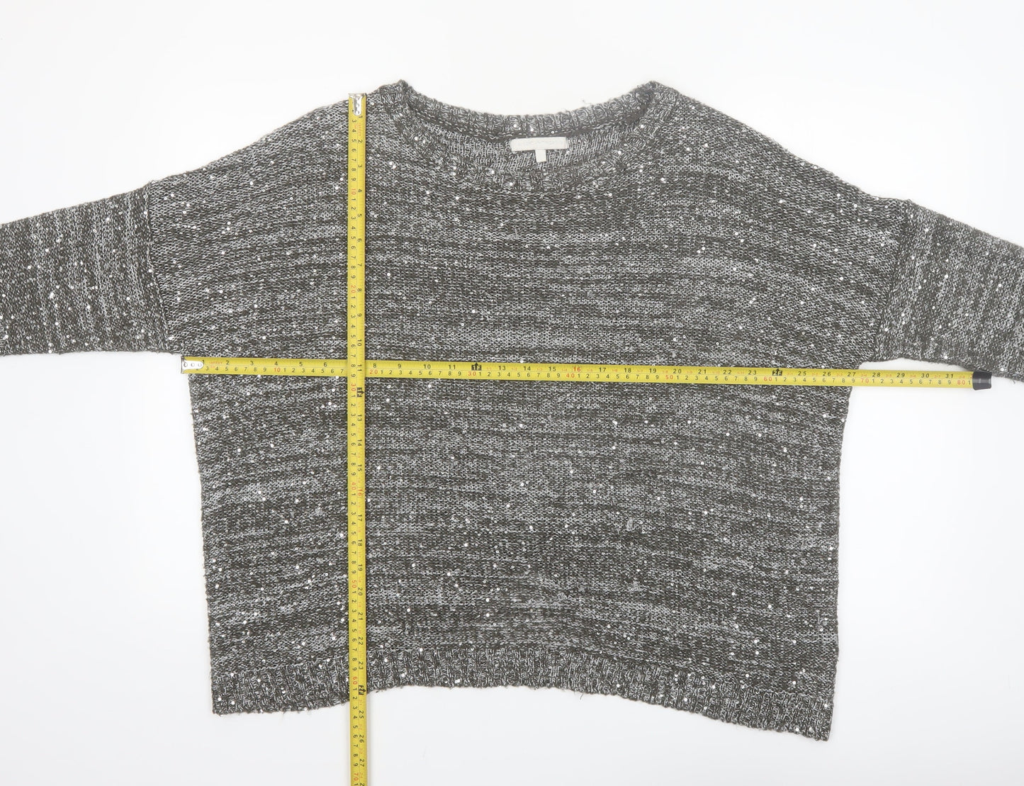 Next Women Grey Sequin Knit 3/4 Sleeve Crew Neck Pullover Jumper L